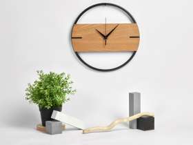 Деревянные часы с металлическим ободом, диаметр 30 см, Time Wheel горизонтальные, натуральный/черн №6