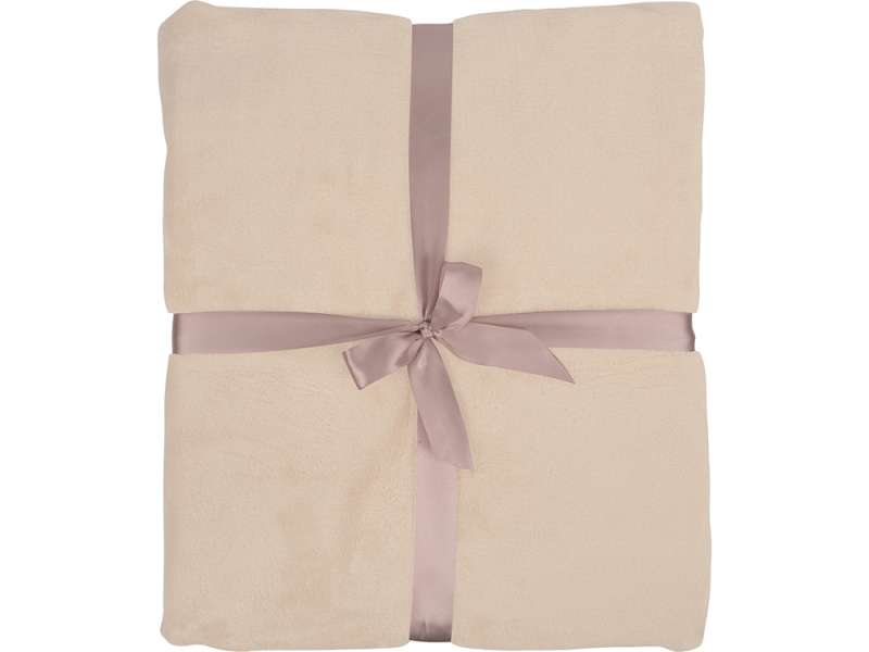 Плед флисовый Natty из переработанного пластика, бежевый с розовой лентой №3