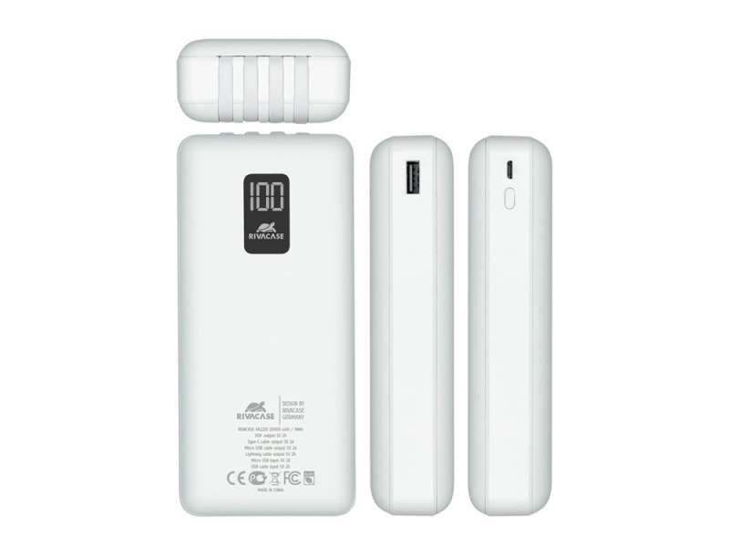RIVACASE VA2220 (20000 мАч) внешний аккумулятор с дисплеем и встроенными кабелями, белый, 12/24 №12