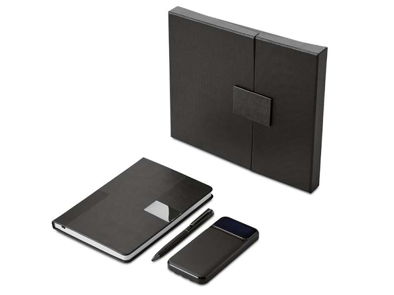 Подарочный набор Tesla с блокнотом А5, ручкой и пауэрбенком на 10 000 mAh, черный