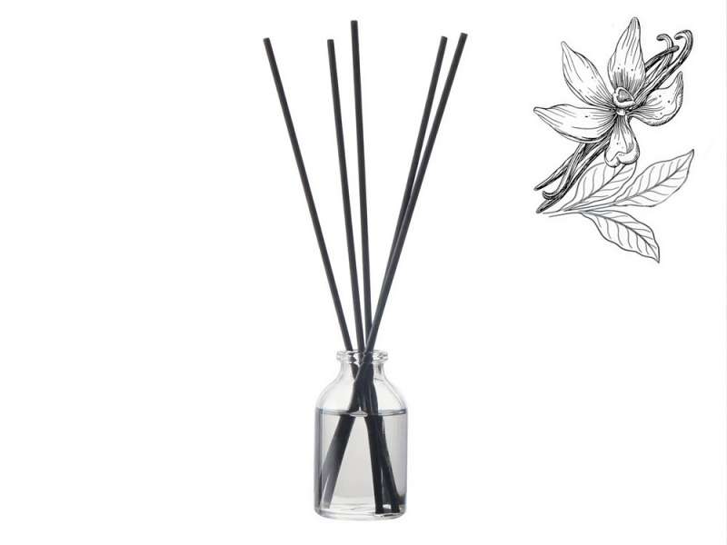 Диффузор с ароматом Табак и ваниль, 30мл, стекло, пробка, палочки 5 шт., мешочек из органзы черный