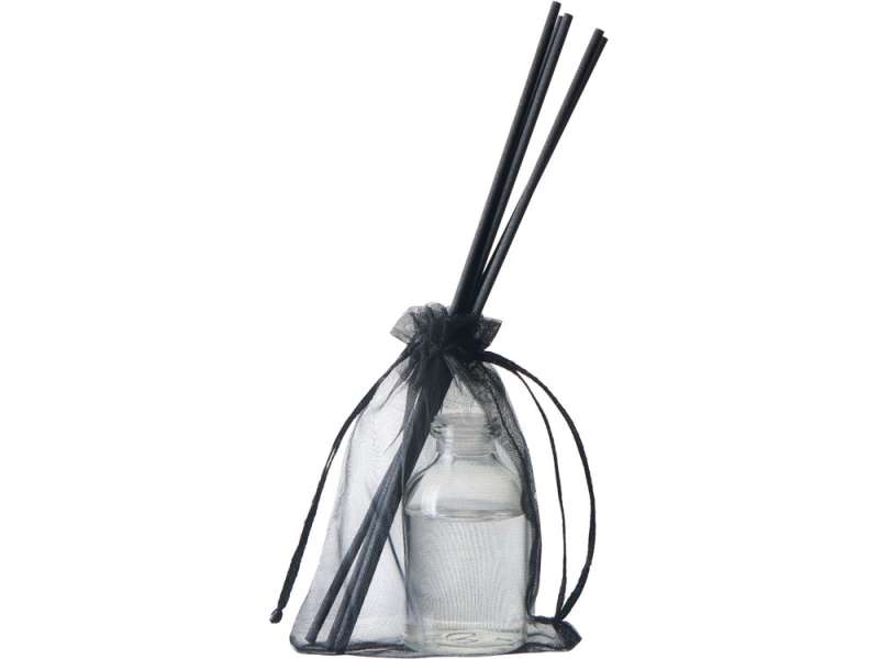 Диффузор с ароматом Табак и ваниль, 30мл, стекло, пробка, палочки 5 шт., мешочек из органзы черный №3