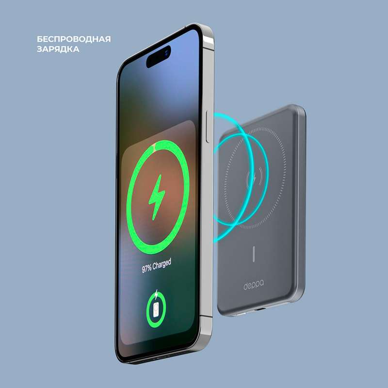 Внешний АКБ NRG MageSafe Alum 5000 мА-ч, 15Вт QI, серый, Deppa №4